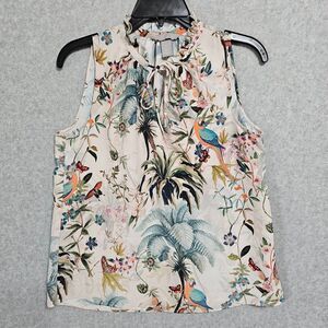 H&M Blouse Size 4 Womens Sleeveless Ruffle Tie Neck Tropical Top